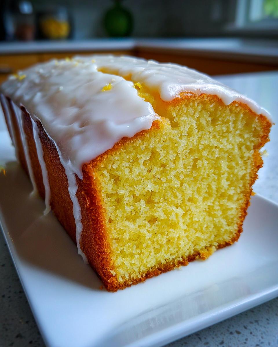 A close-up of a slice of moist lemon pound cake topped with a thick white lemon glaze and zest.