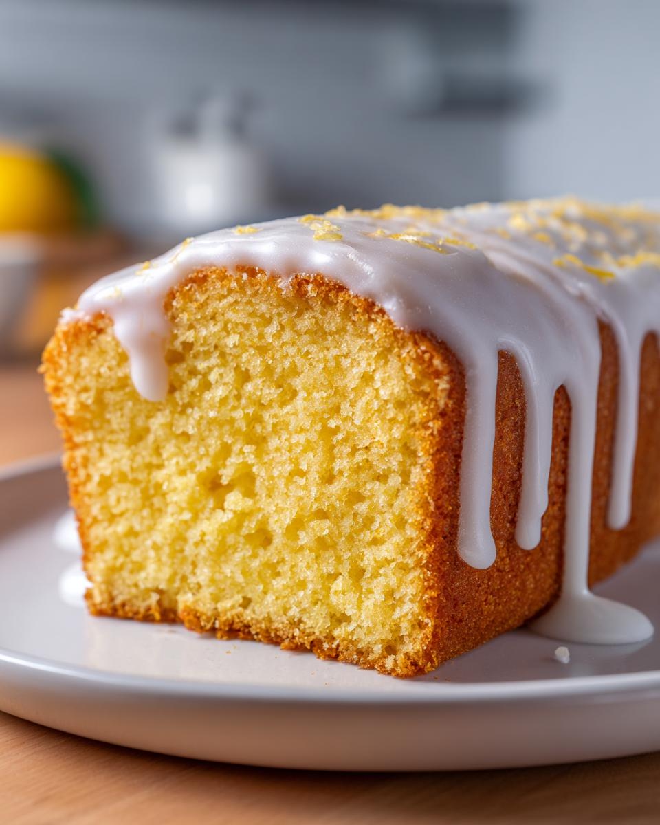 Close-up of a slice of moist lemon pound cake topped with thick white glaze and lemon zest.