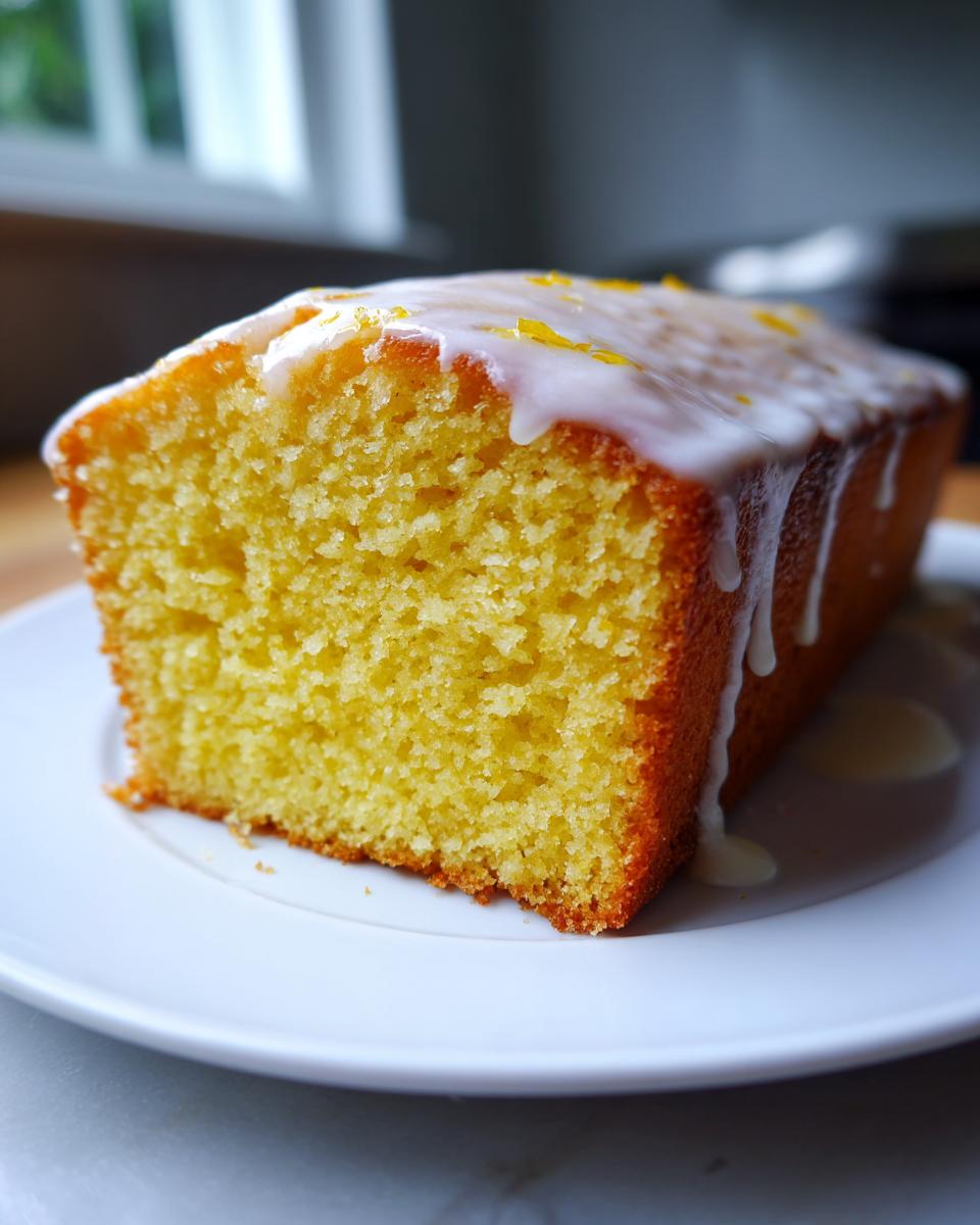 A close-up of a moist, yellow slice of lemon pound cake topped with white glaze and zest.