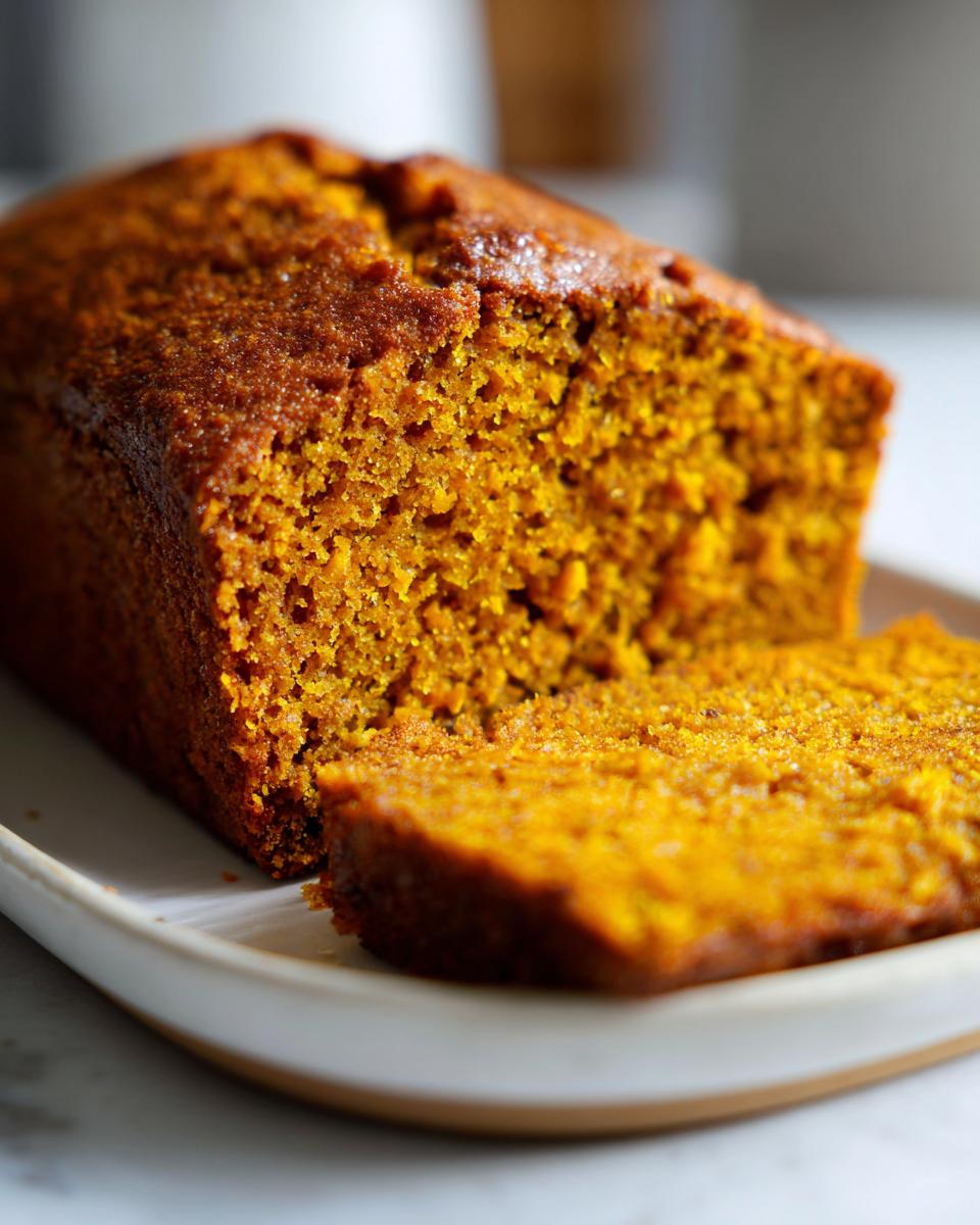 A close-up view showing the rich orange crumb texture of moist pumpkin bread with one slice cut.