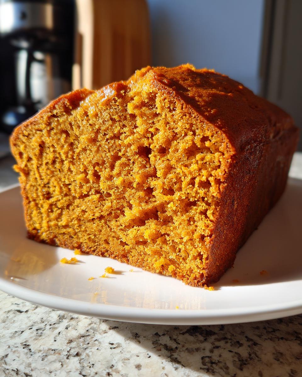A close-up cross-section showing the dense, vibrant orange crumb of moist pumpkin bread on a white plate.