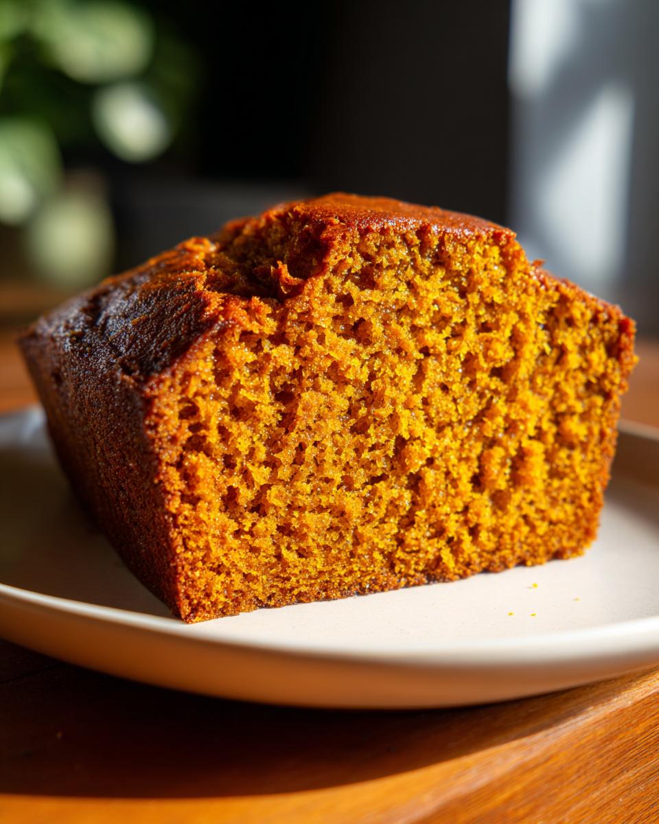 A close-up view showing the rich, orange crumb texture of moist pumpkin bread on a light plate.