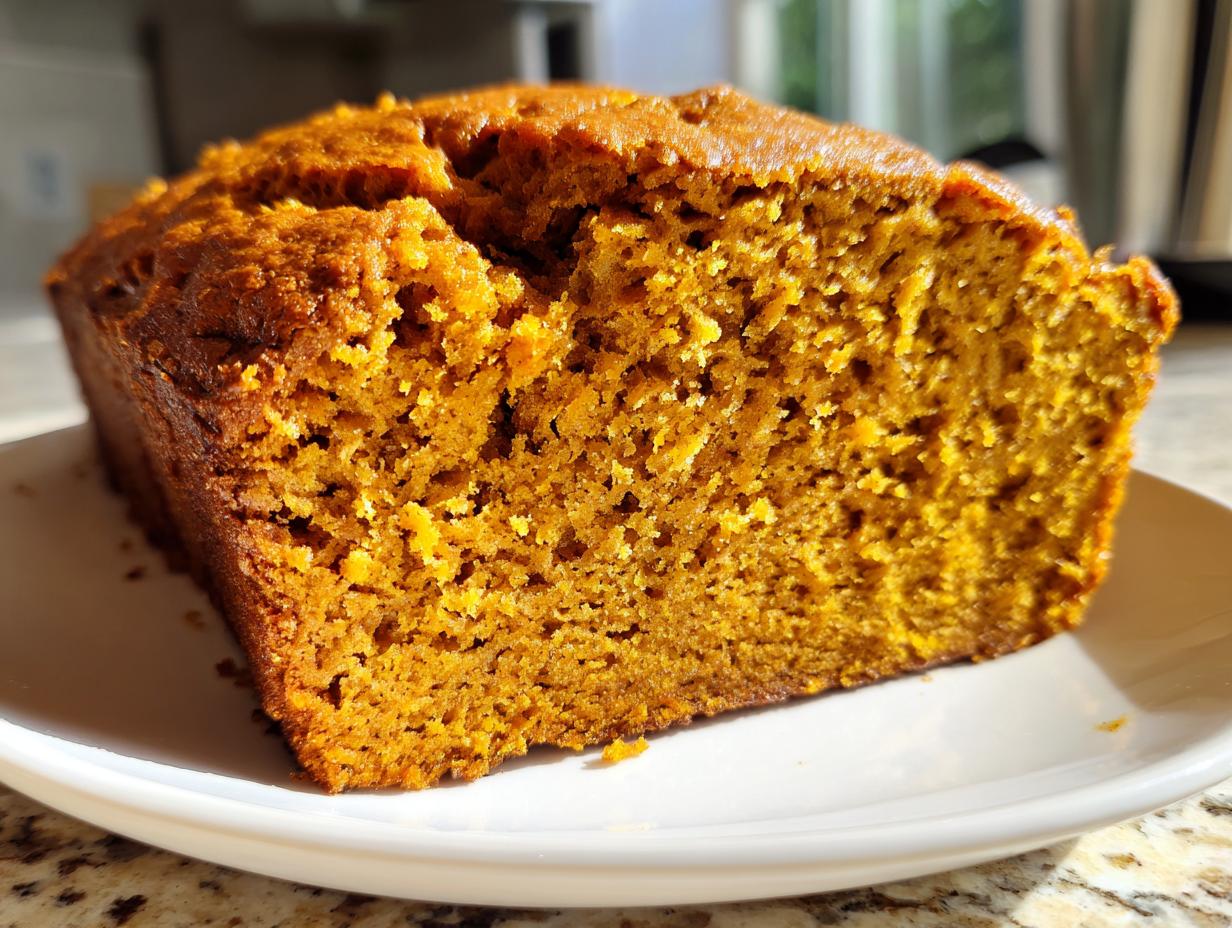 A close-up view showing the rich, orange crumb texture of moist pumpkin bread on a white plate.