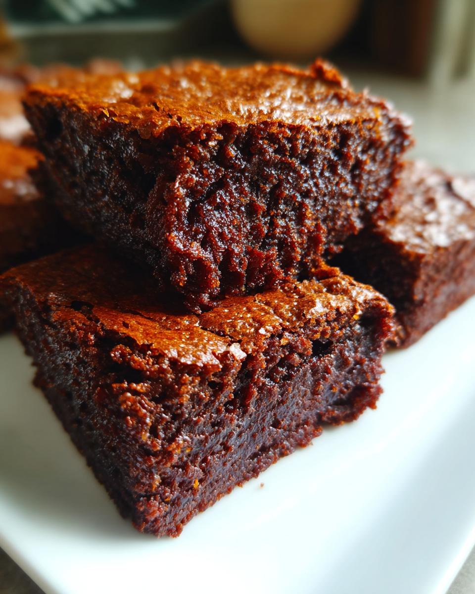 Close-up of fudgy, dark chocolate sweet potato brownies stacked on a white plate, showing a moist interior.