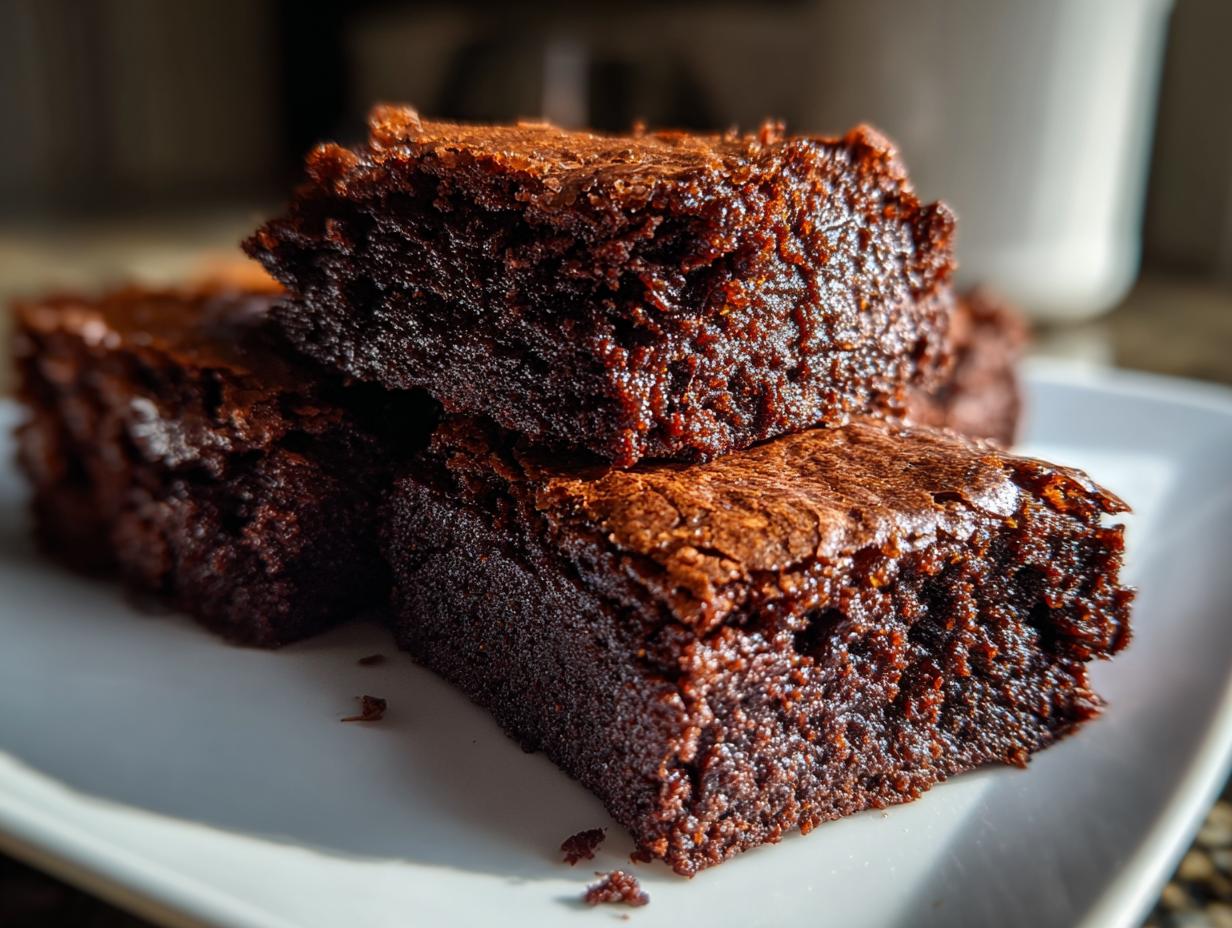 Close-up of three rich, fudgy sweet potato brownies stacked on a white plate, showing a shiny, crackled top.
