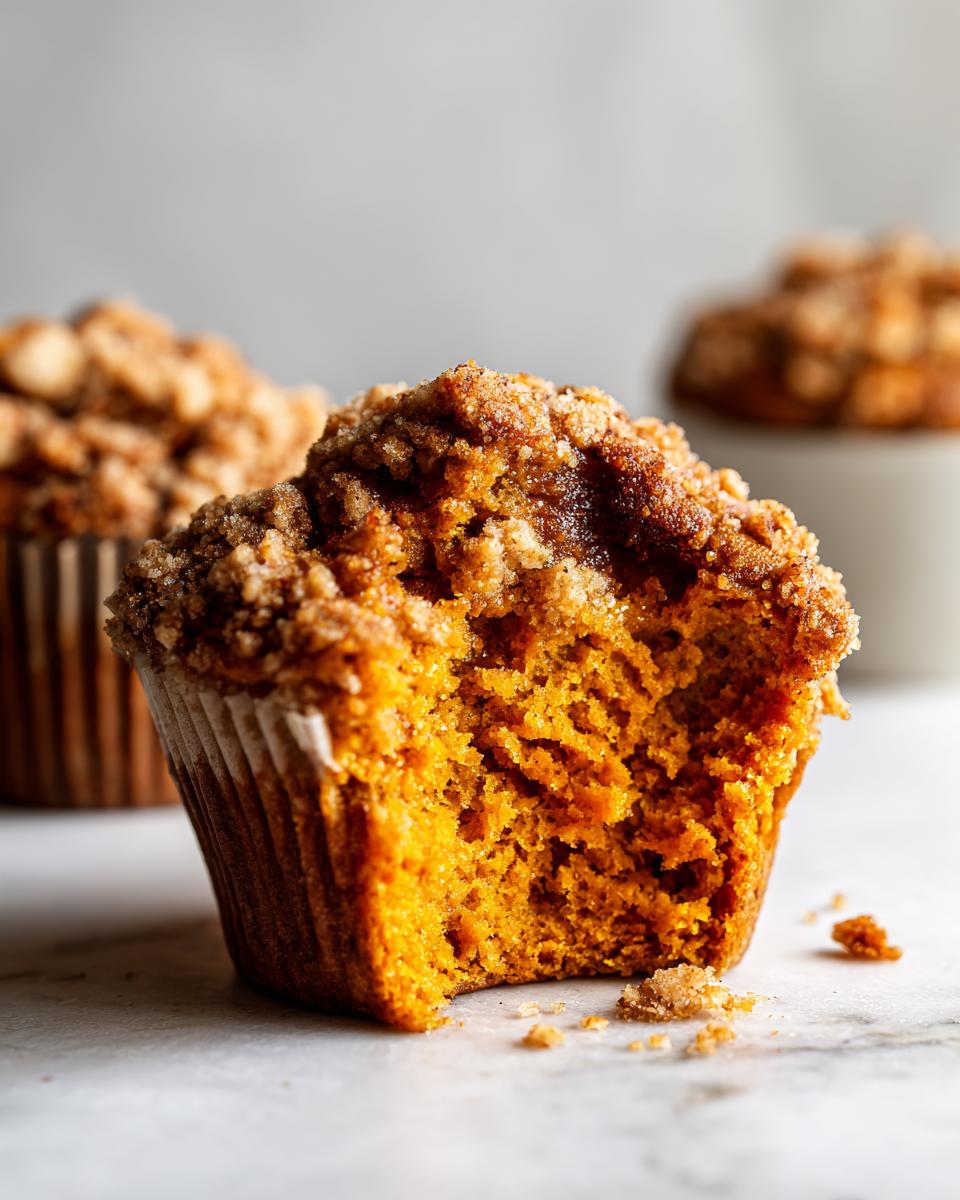 Close-up of a moist sweet potato muffin with a bite taken out, showing the orange interior and cinnamon streusel topping.