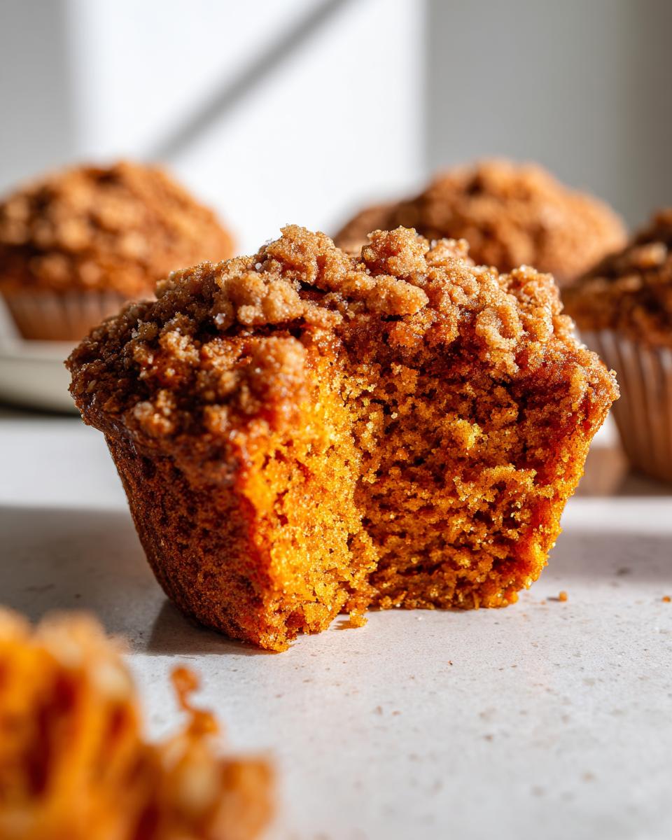 Close-up of a sweet potato muffin cut in half showing its moist, orange interior and crumbly brown sugar streusel topping.
