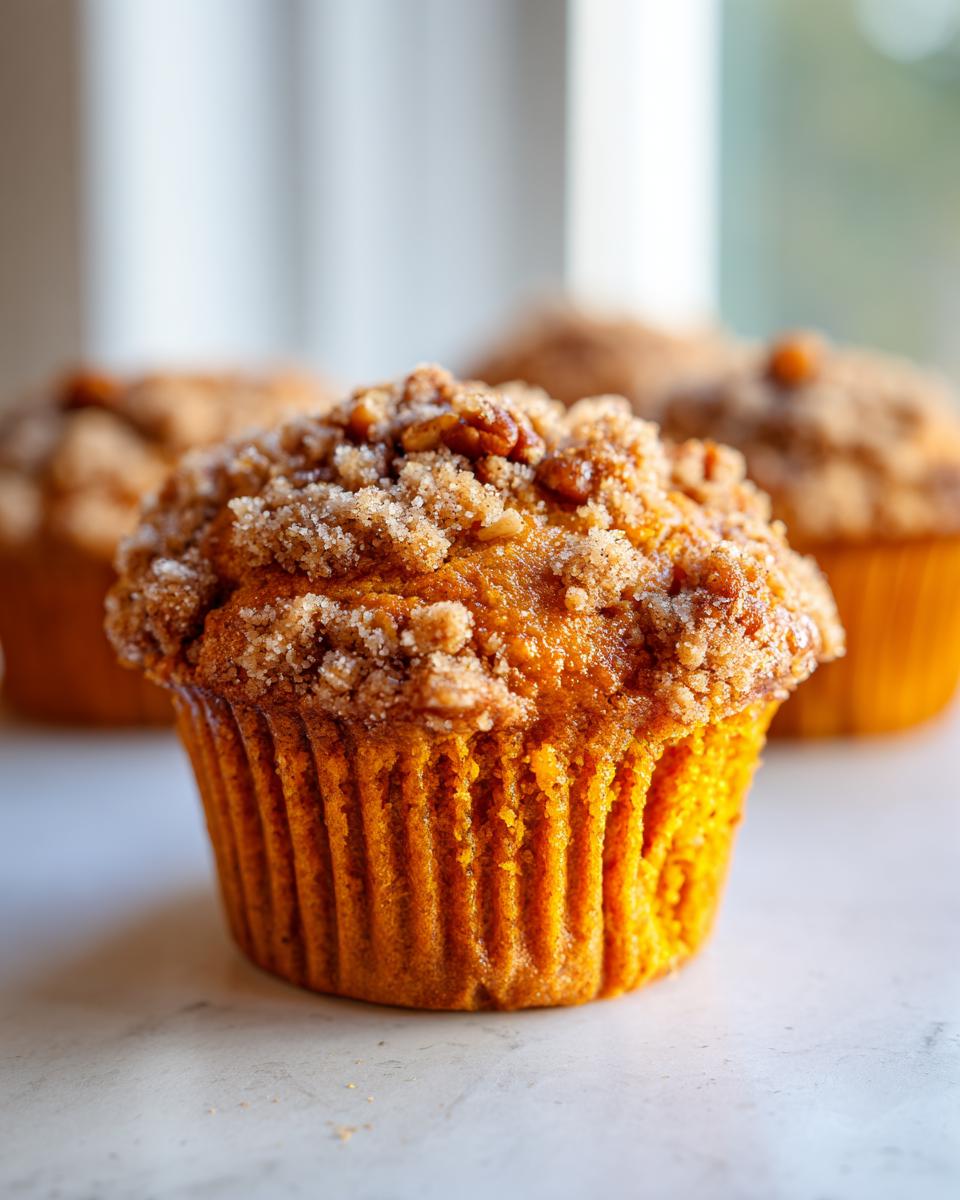 Close-up of a moist sweet potato muffin topped with brown sugar streusel and pecans.