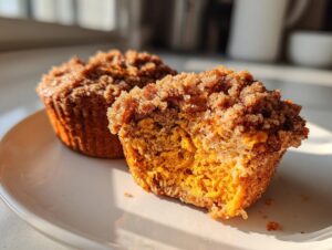 Close-up of a moist sweet potato muffin cut in half showing the orange interior and crumb topping.