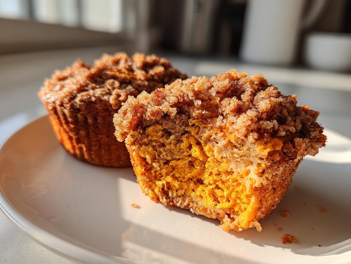 Close-up of a moist sweet potato muffin cut in half showing the orange interior and crumb topping.