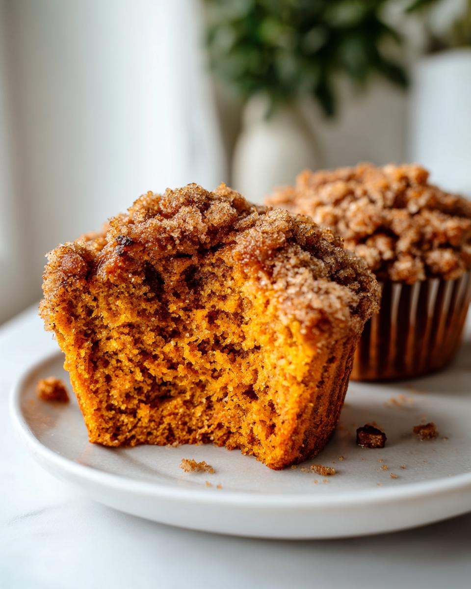 Close-up of a moist sweet potato muffins cut in half, showing the orange crumb and cinnamon streusel topping.