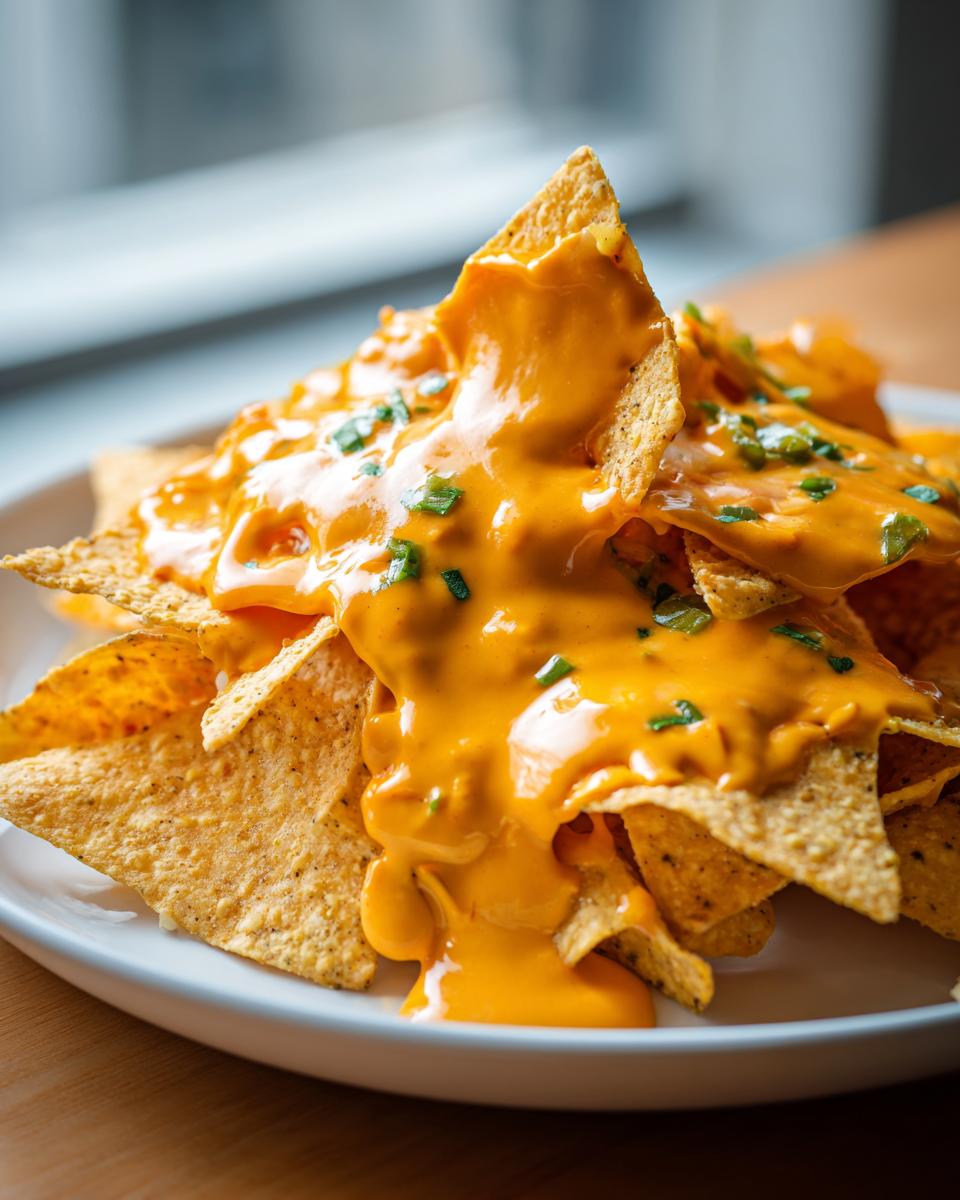 Close-up of tortilla chips smothered in bright orange nacho cheese sauce and topped with chopped green chives.