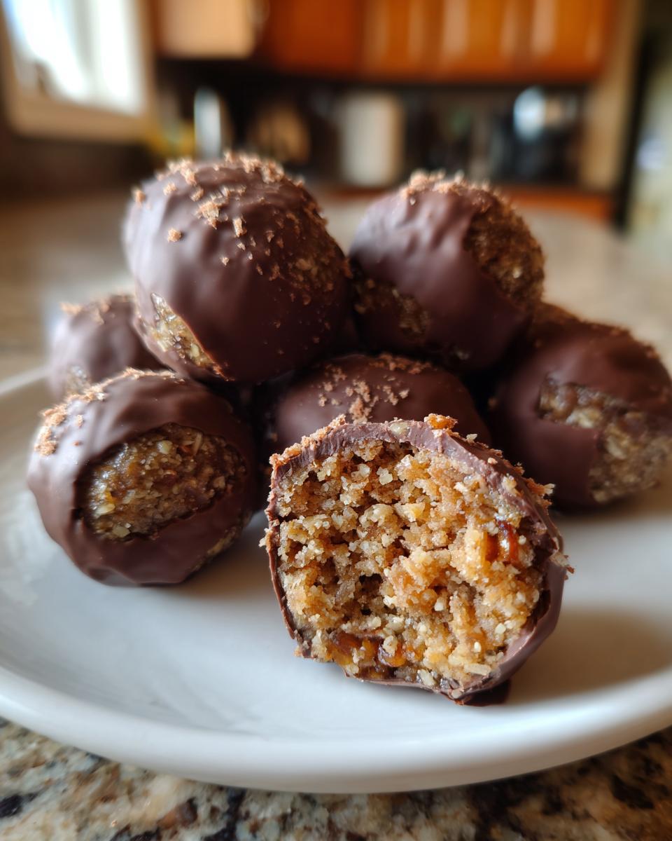 A pile of chocolate-dipped pecan pie balls, one cut in half showing the textured, nutty interior.