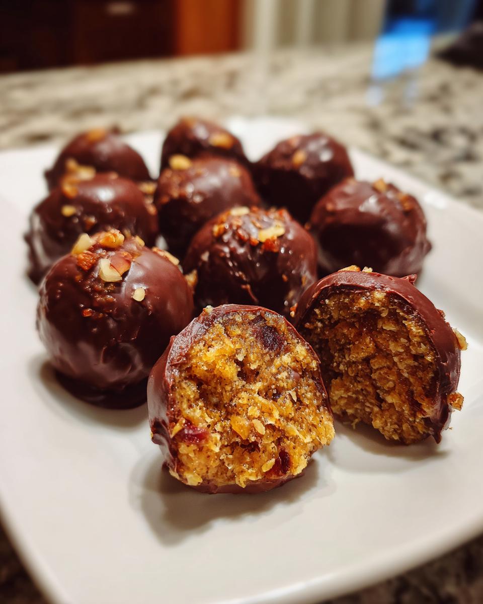 Close-up of chocolate-dipped pecan pie balls, one cut open to show the textured filling.