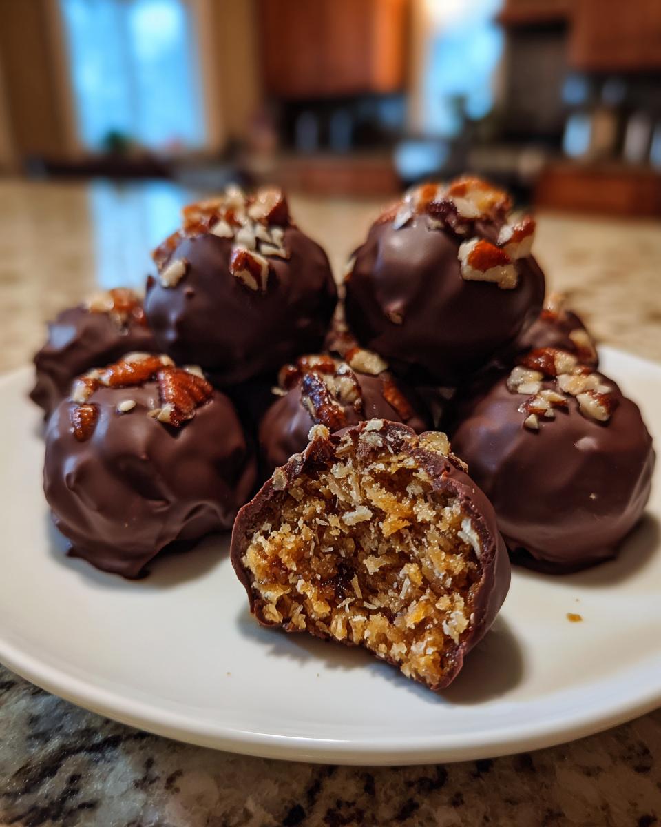 A pile of chocolate-dipped pecan pie balls, one is bitten to show the textured filling, topped with chopped pecans.