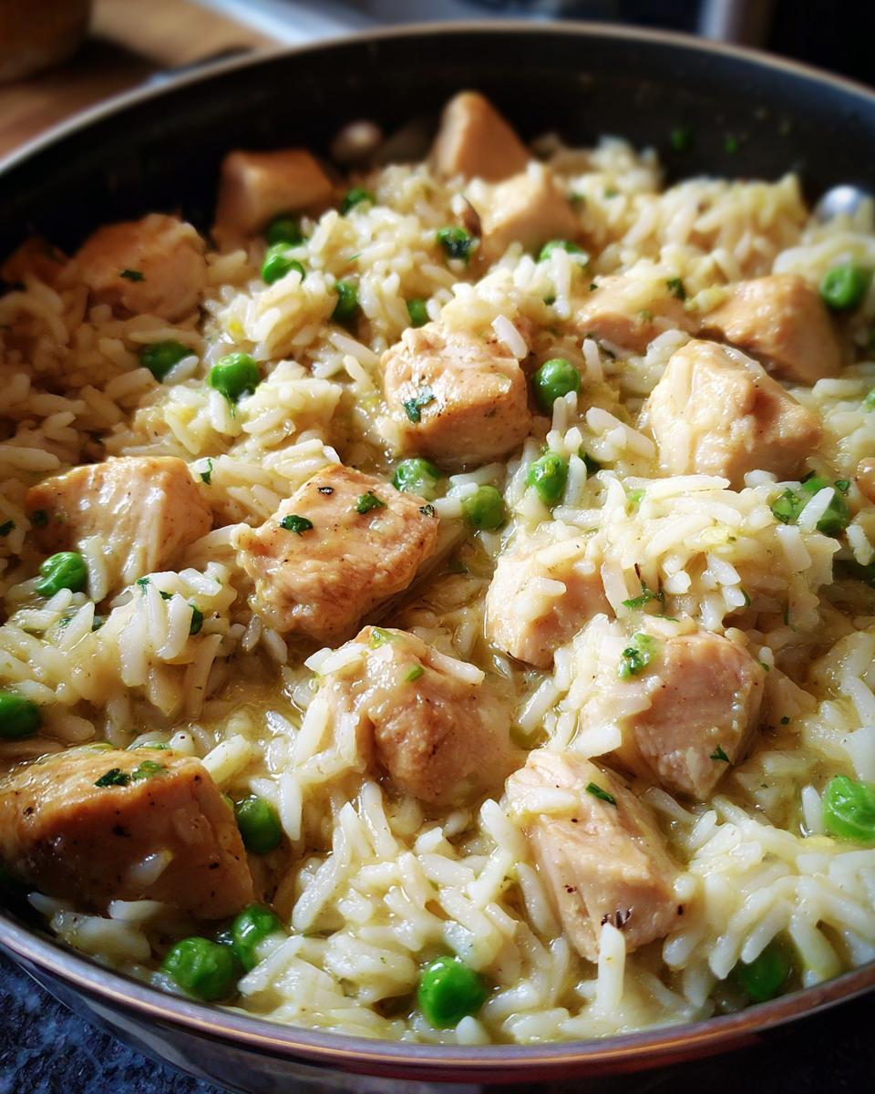 Close-up of creamy one pot chicken and rice mixed with bright green peas in a dark skillet.