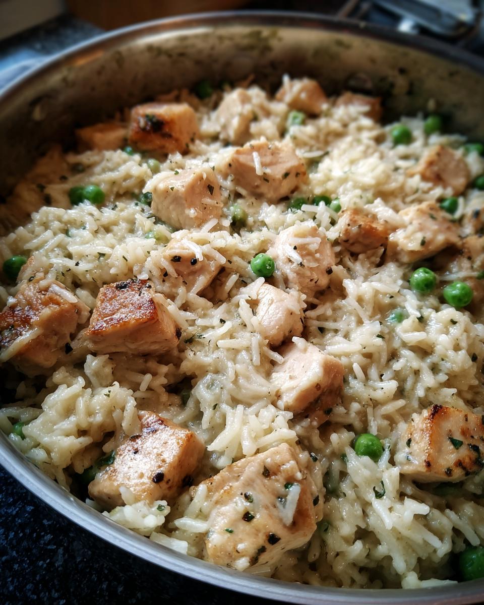 Close-up view of creamy one pot chicken and rice mixed with bright green peas, served directly in the cooking pot.