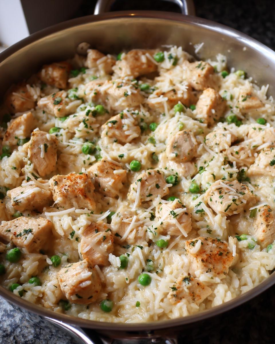 Close-up of creamy one pot chicken and rice dish with peas and shredded cheese in a stainless steel skillet.