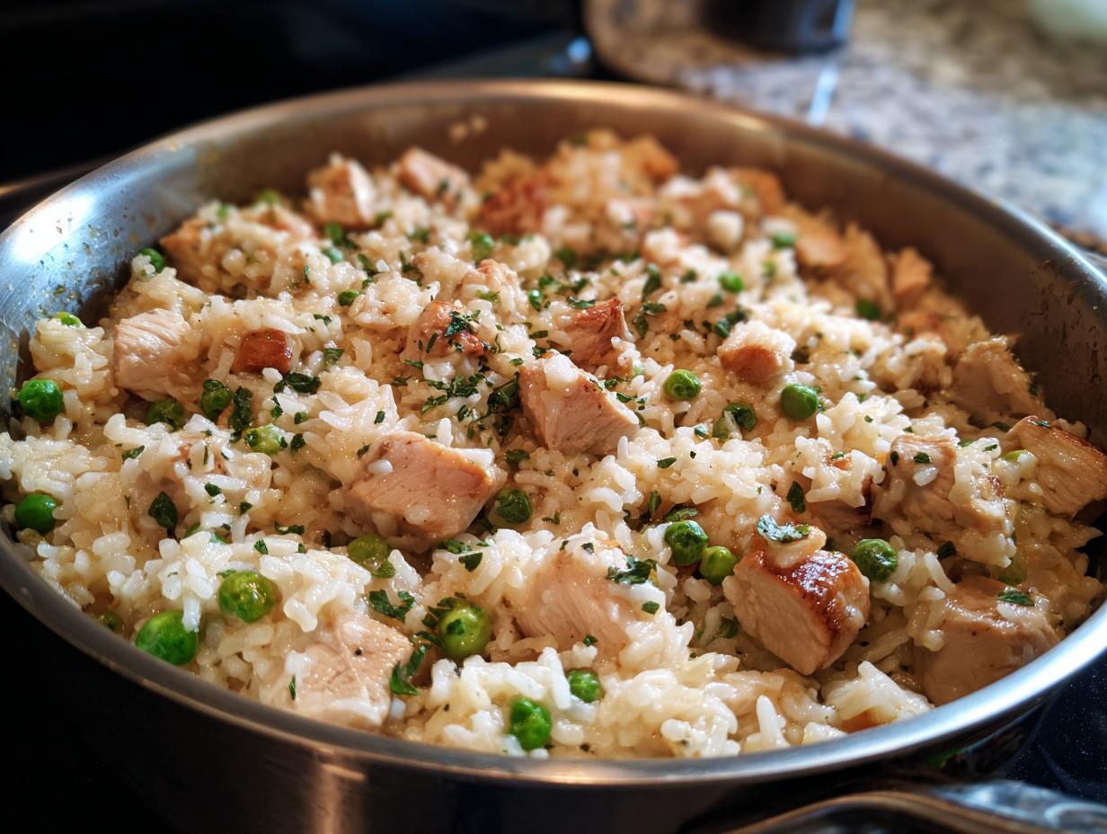 Close-up of creamy one pot chicken and rice mixed with green peas and fresh parsley in a stainless steel skillet.