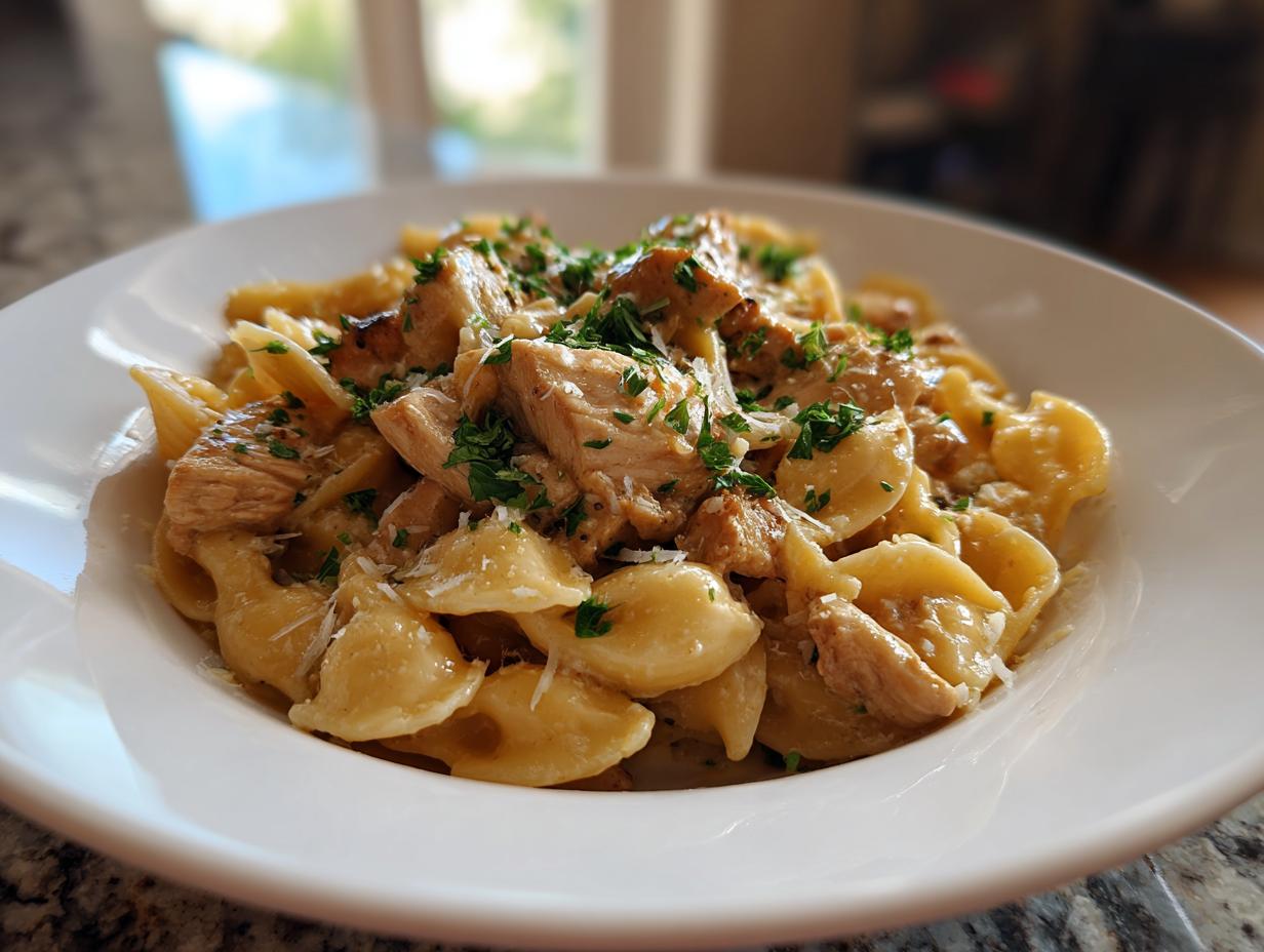 Close-up of a white bowl filled with creamy one pot chicken pasta, topped with chopped parsley and parmesan cheese.