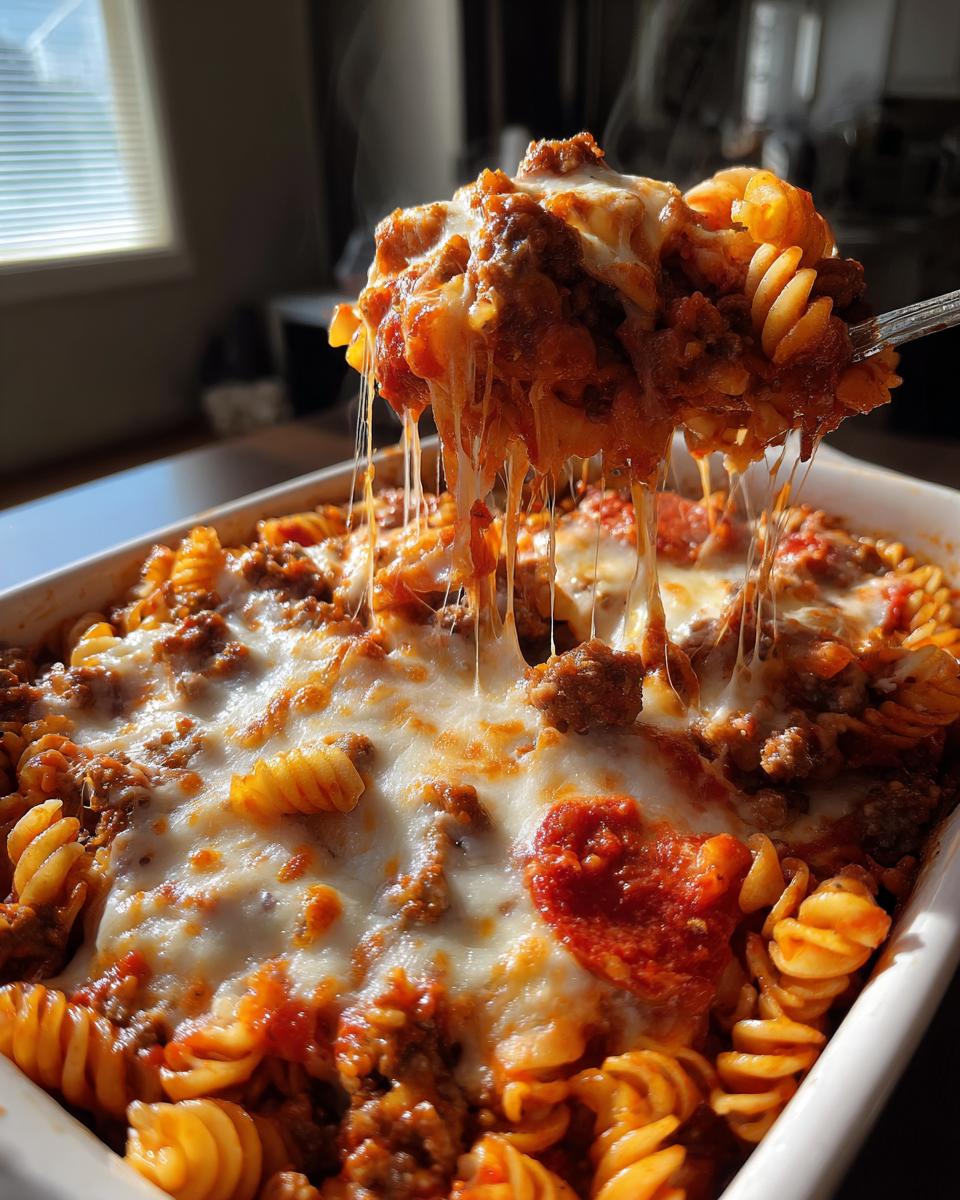 A fork lifts a steaming portion of cheesy pizza pasta, showing long, melted cheese pulls over the baked casserole.