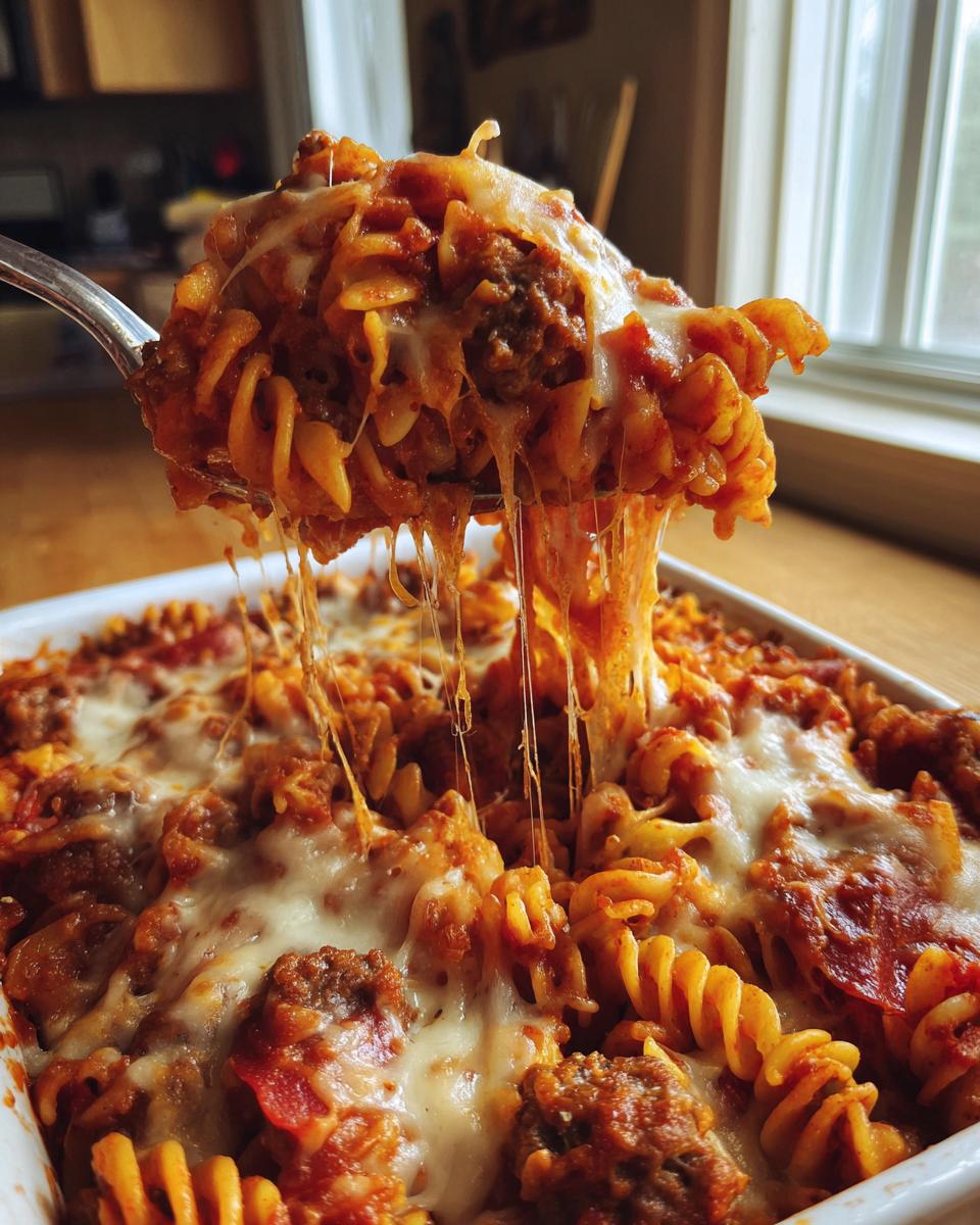 A spoonful of cheesy, saucy pizza pasta being lifted from a baking dish, showing long cheese pulls.