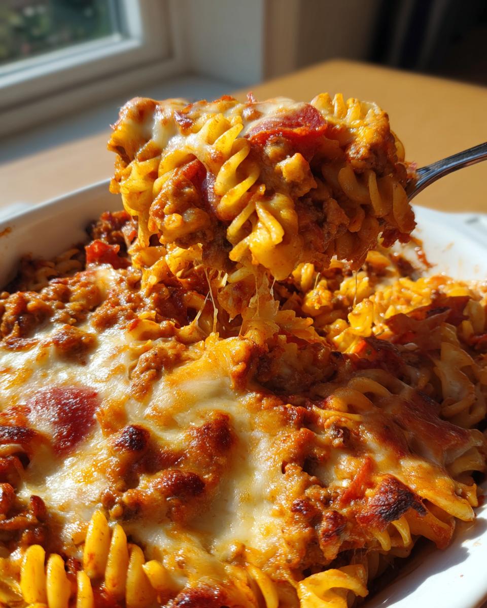 A fork lifting a cheesy, saucy serving of 1 pot pizza pasta with rotini noodles from a white baking dish.