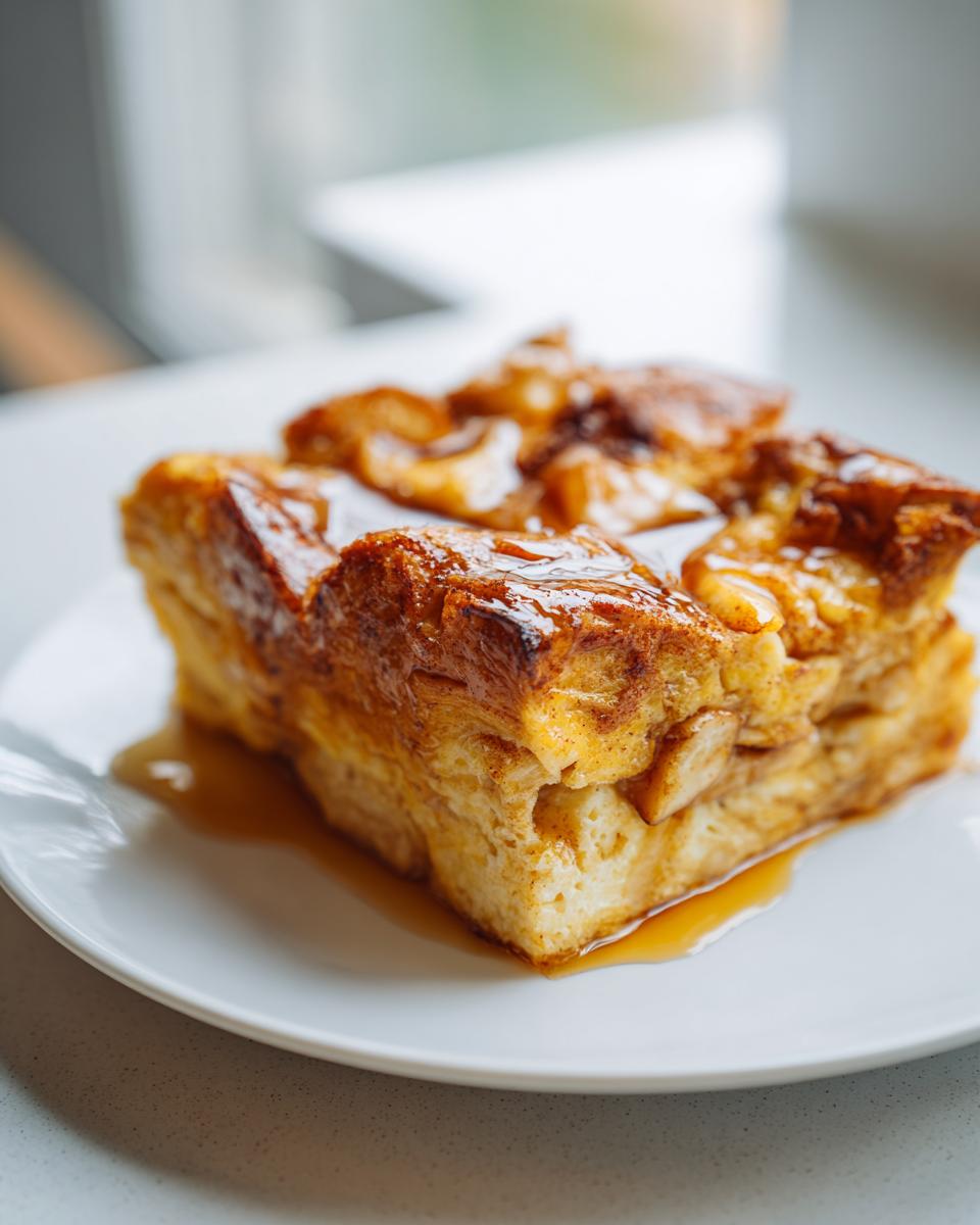 A square serving of baked Apple Cinnamon French Toast drizzled with syrup on a white plate.