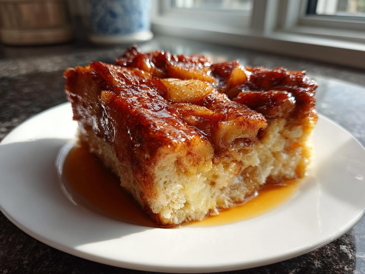 A thick, caramelized slice of Overnight Apple Cinnamon French Toast served on a white plate with syrup.