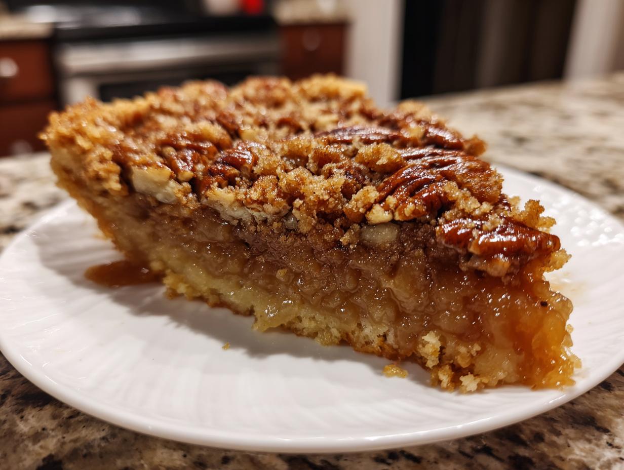 A close-up of a decadent slice of pecan pie cobbler recipe showing a gooey filling and crunchy pecan topping.