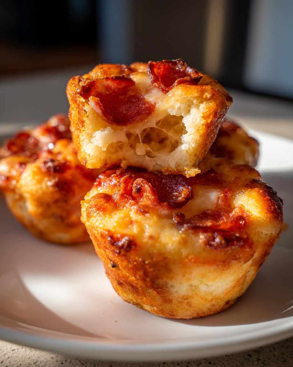 Close-up of three golden-brown pizza muffins stacked on a white plate, showing melted cheese and pepperoni on top.