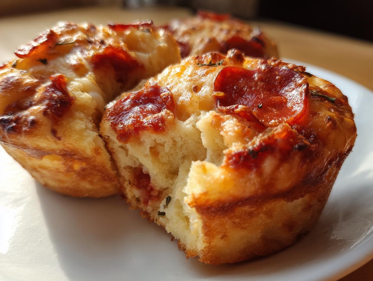Close-up of two golden-brown pepperoni pizza muffins, one with a bite taken out showing the soft interior.