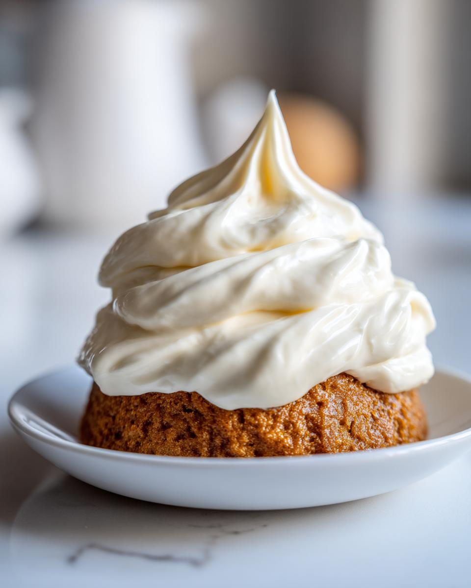 A perfectly piped swirl of rich cream cheese frosting sits atop a small, golden-brown baked good on a white saucer.