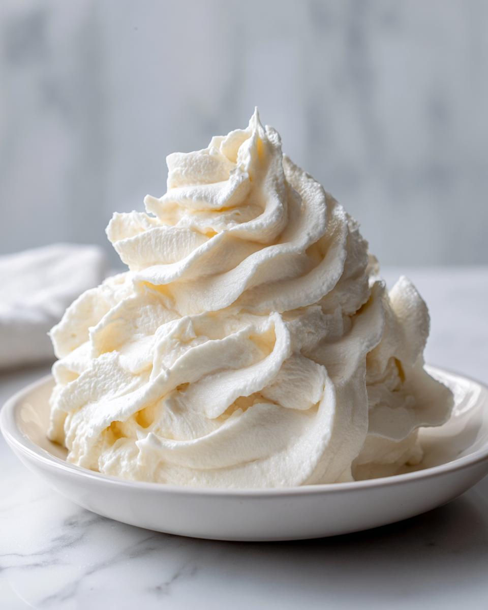 A perfectly piped swirl of thick, white cream cheese frosting served in a small white bowl.