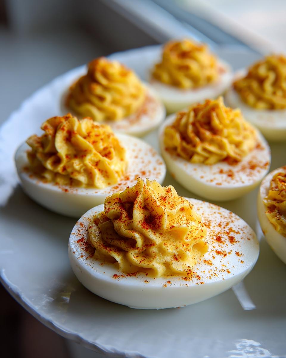 Close-up of several perfectly piped deviled eggs sprinkled with paprika on a white plate.