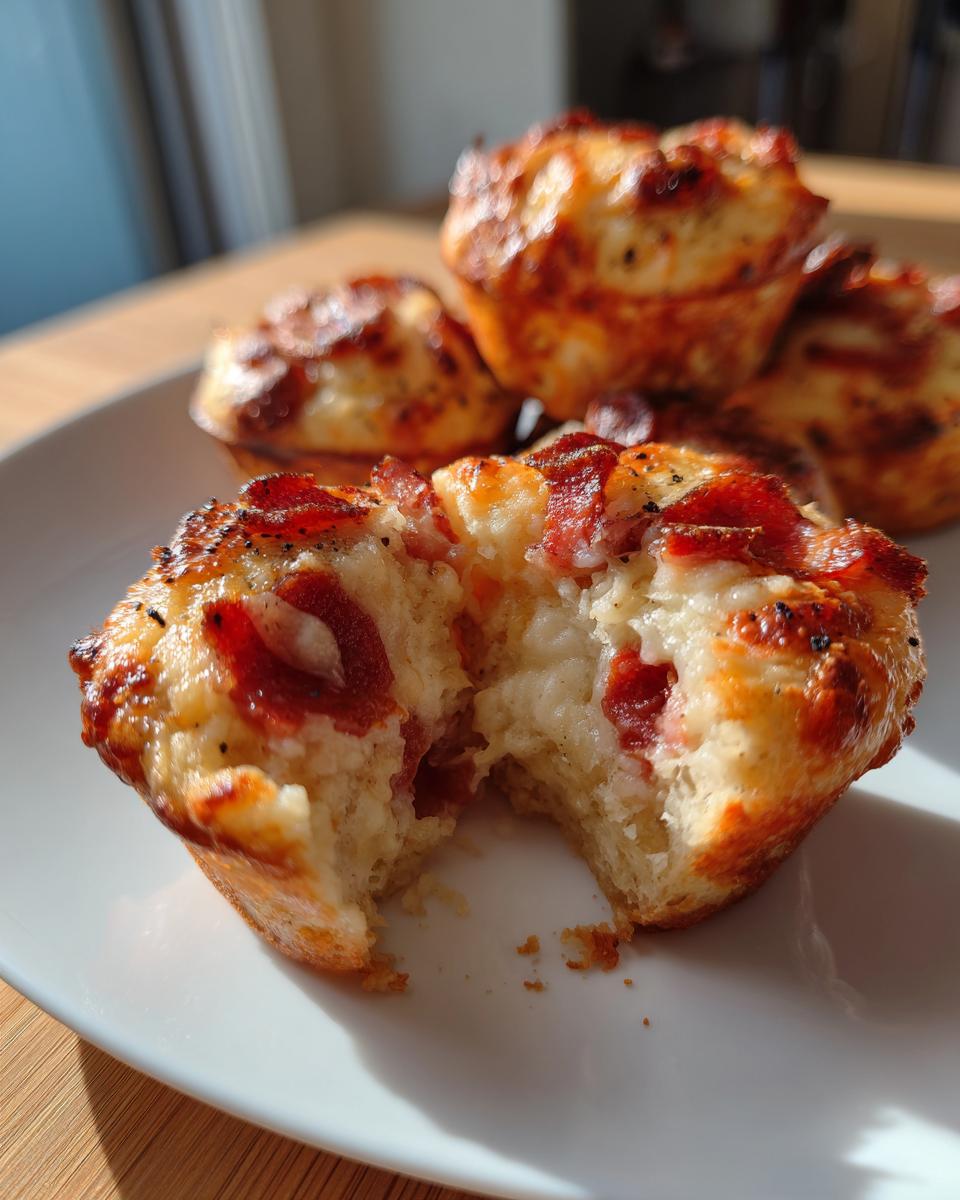 A close-up of a soft, cheesy pizza muffin with pepperoni on top, showing the fluffy interior after a bite has been taken.