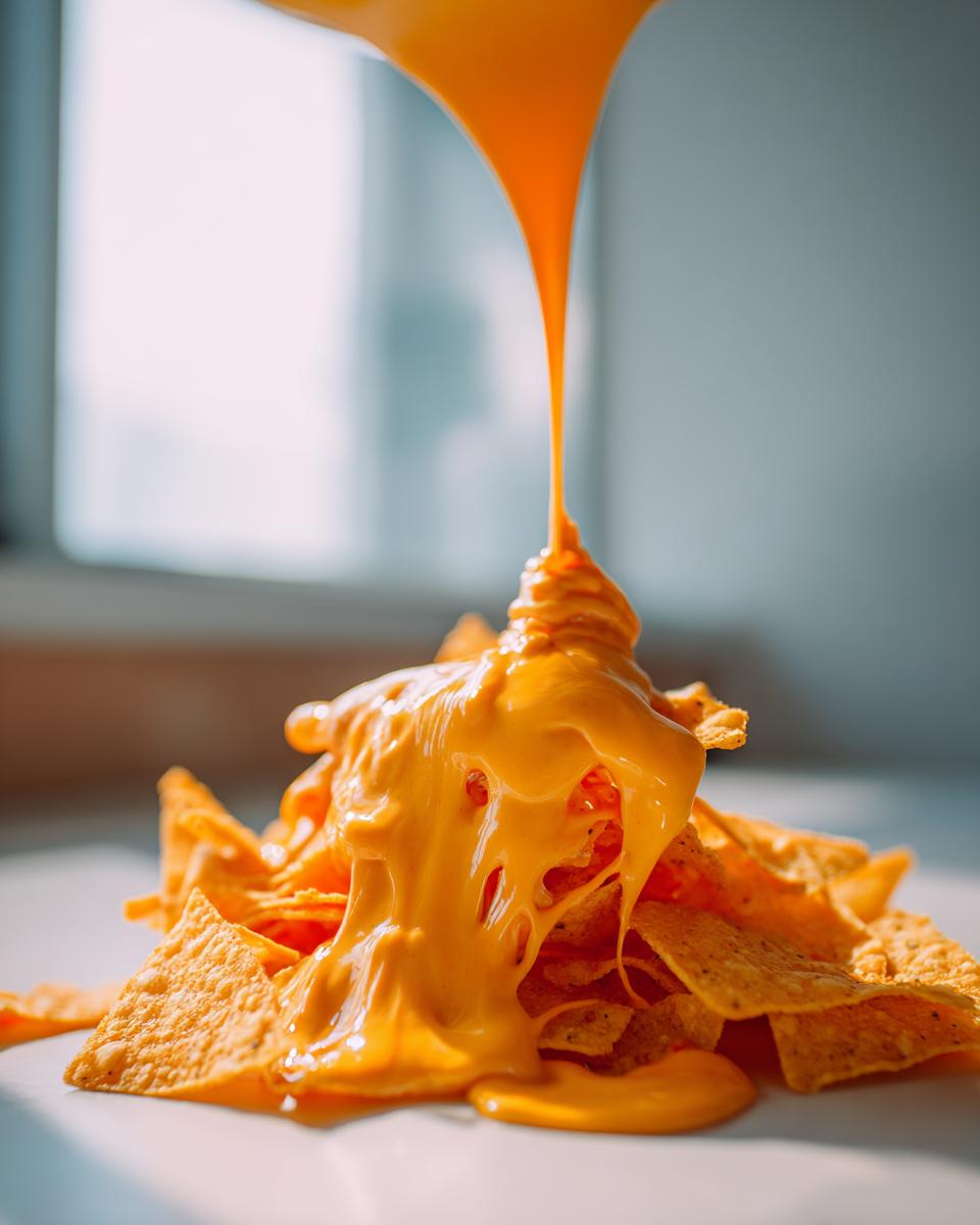 Close-up of thick, bright orange nacho cheese being poured over a pile of tortilla chips.