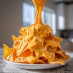 A massive pile of tortilla chips being drenched in thick, bright orange nacho cheese sauce.