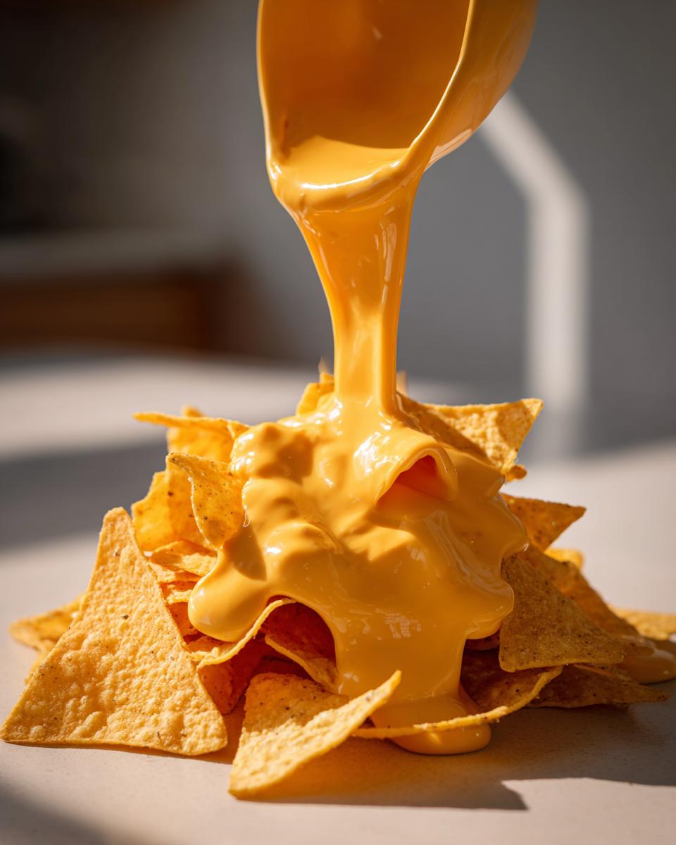 A ladle pours thick, bright orange nacho cheese sauce over a pile of crispy tortilla chips.