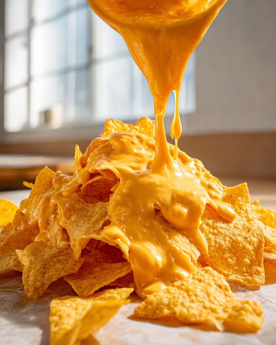 A close-up of thick, bright orange nacho cheese being poured over a large pile of tortilla chips.