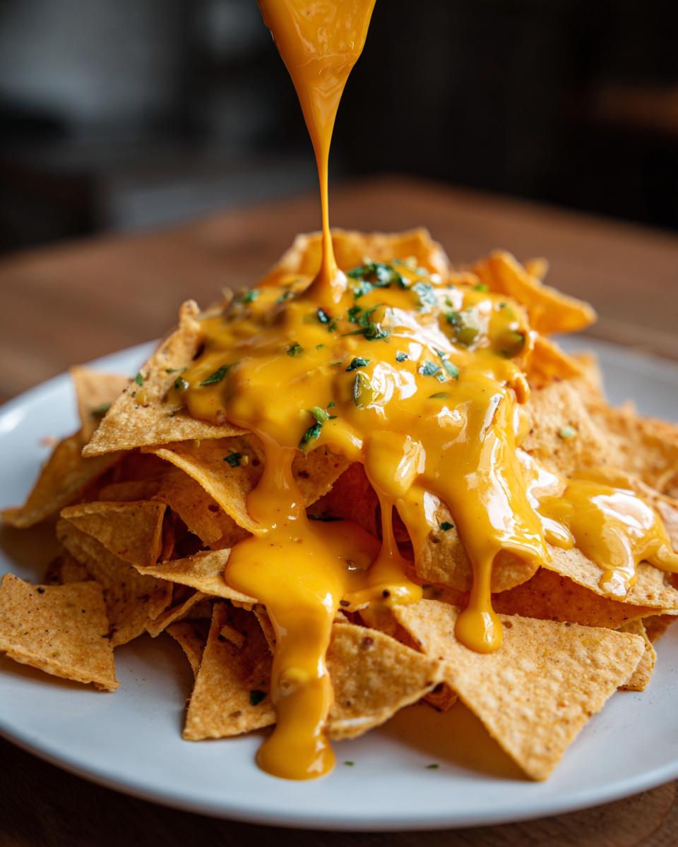 Close-up of thick, bright orange nacho cheese sauce being poured over a pile of tortilla chips garnished with green herbs.