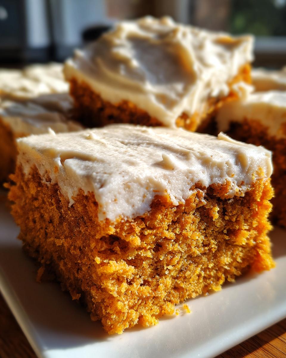 A close-up shot of a moist, orange pumpkin bar topped generously with thick cream cheese frosting.