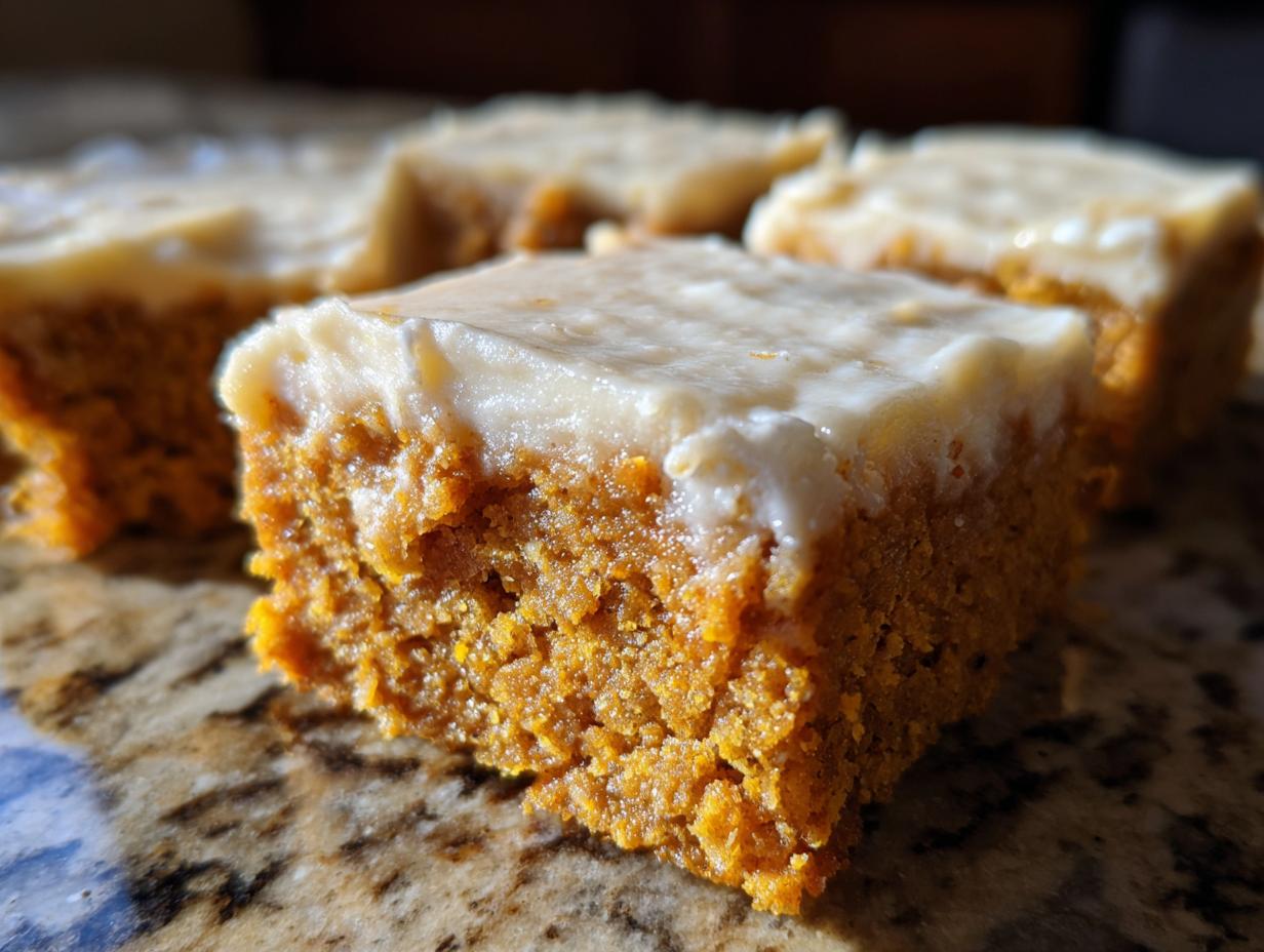 A close-up, macro shot of a single square of moist pumpkin bars with cream cheese frosting.