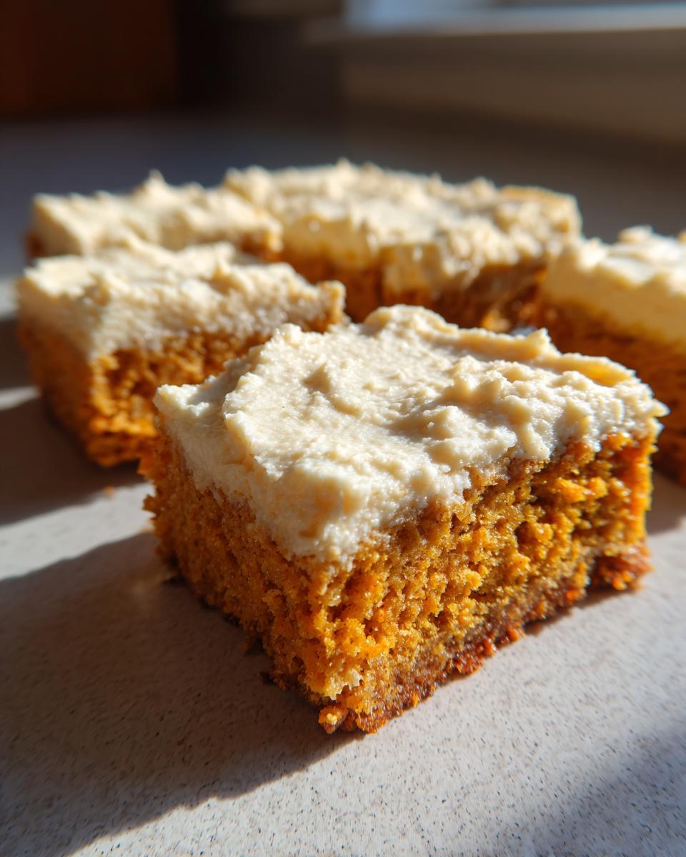 A close-up of a square slice of moist pumpkin bars with cream cheese frosting, bathed in sunlight.