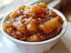 A close-up shot of chunky, spiced apple pie filling glistening in a small white ramekin.