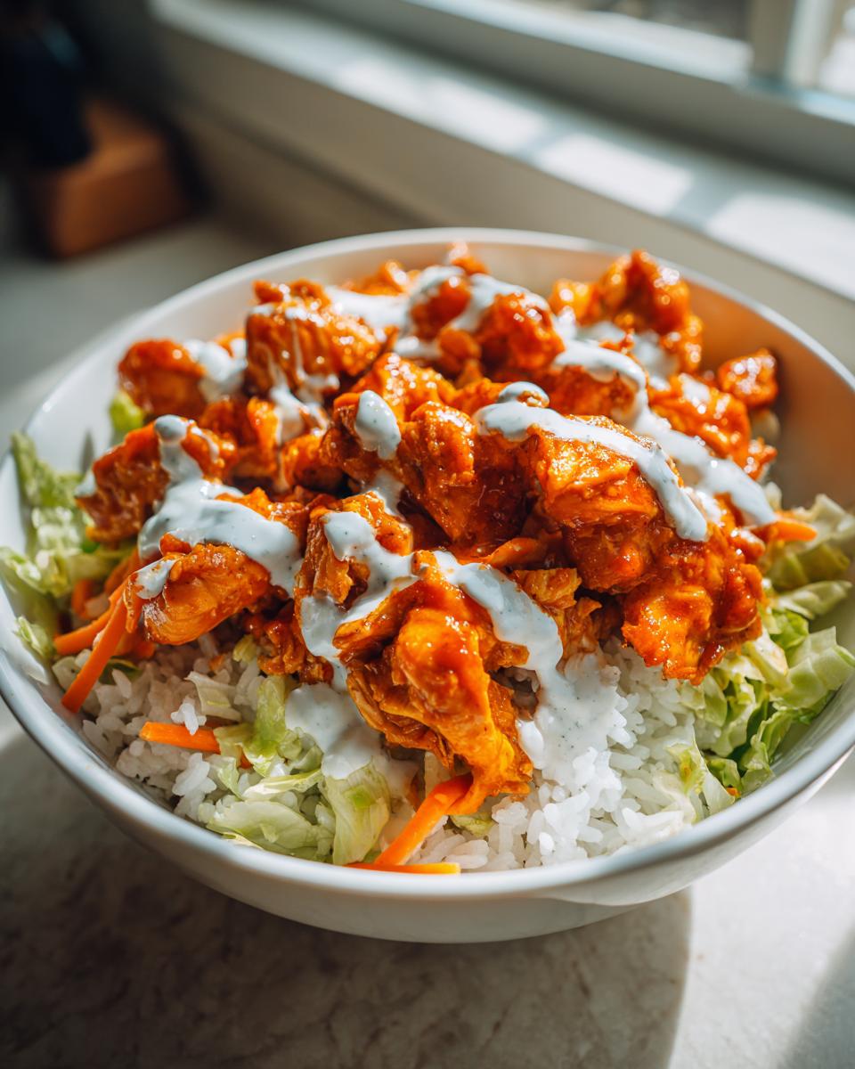A close-up of a buffalo chicken bowl featuring saucy chicken, white rice, lettuce, carrots, and a ranch drizzle.