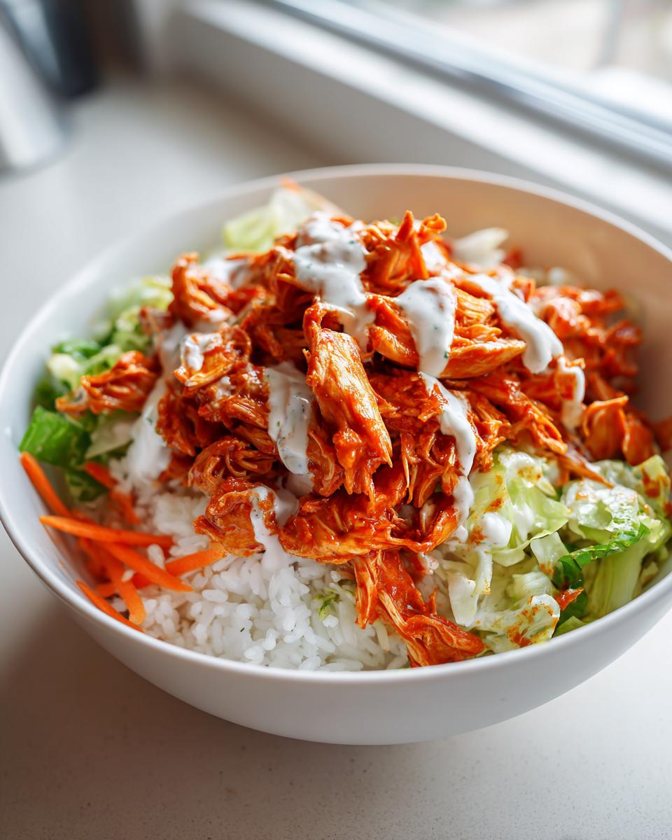 A white bowl filled with a buffalo chicken bowl featuring shredded orange buffalo chicken over white rice, lettuce, carrots, and drizzled with ranch dressing.