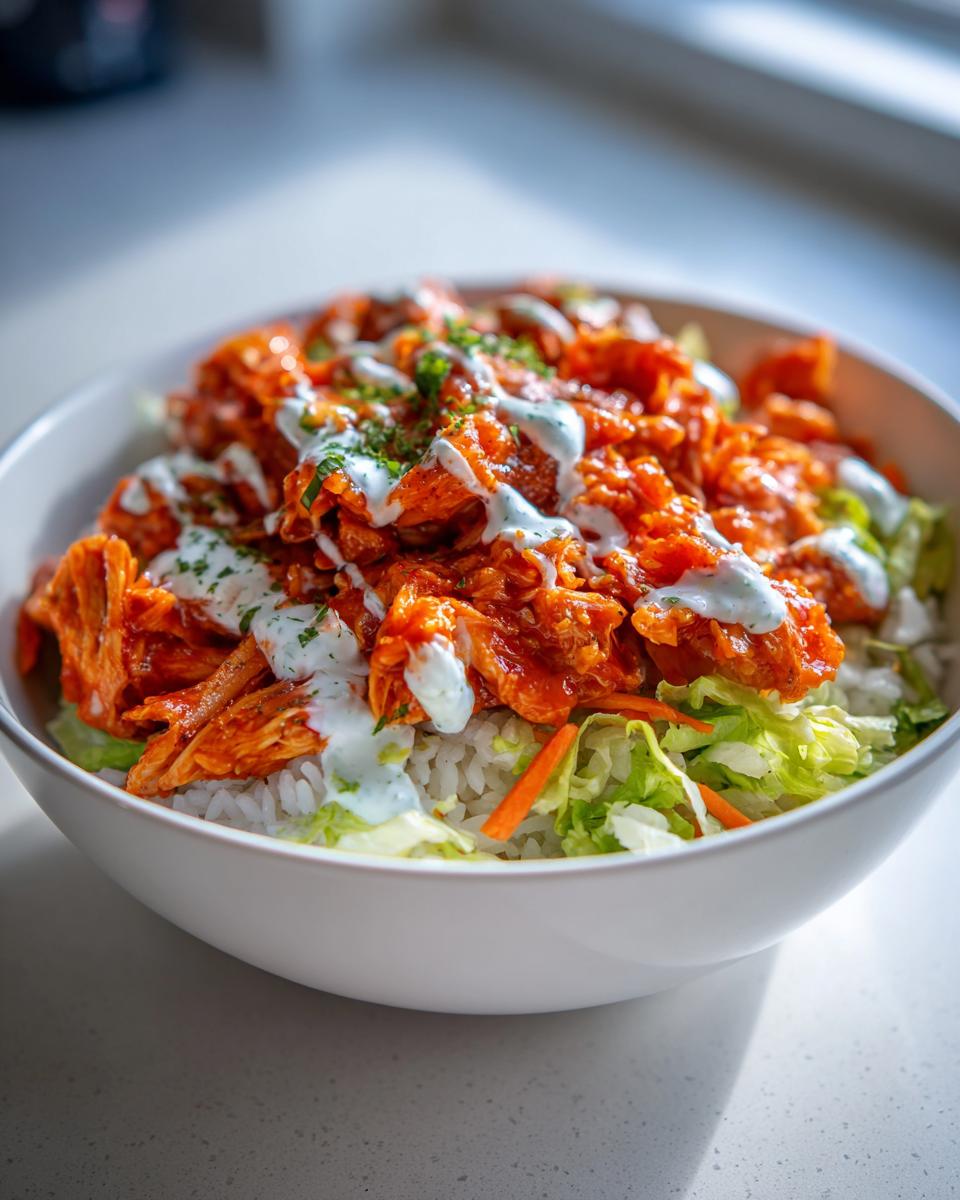 A white bowl filled with a quick buffalo chicken bowl featuring shredded orange buffalo chicken over rice, lettuce, and drizzled with ranch dressing.
