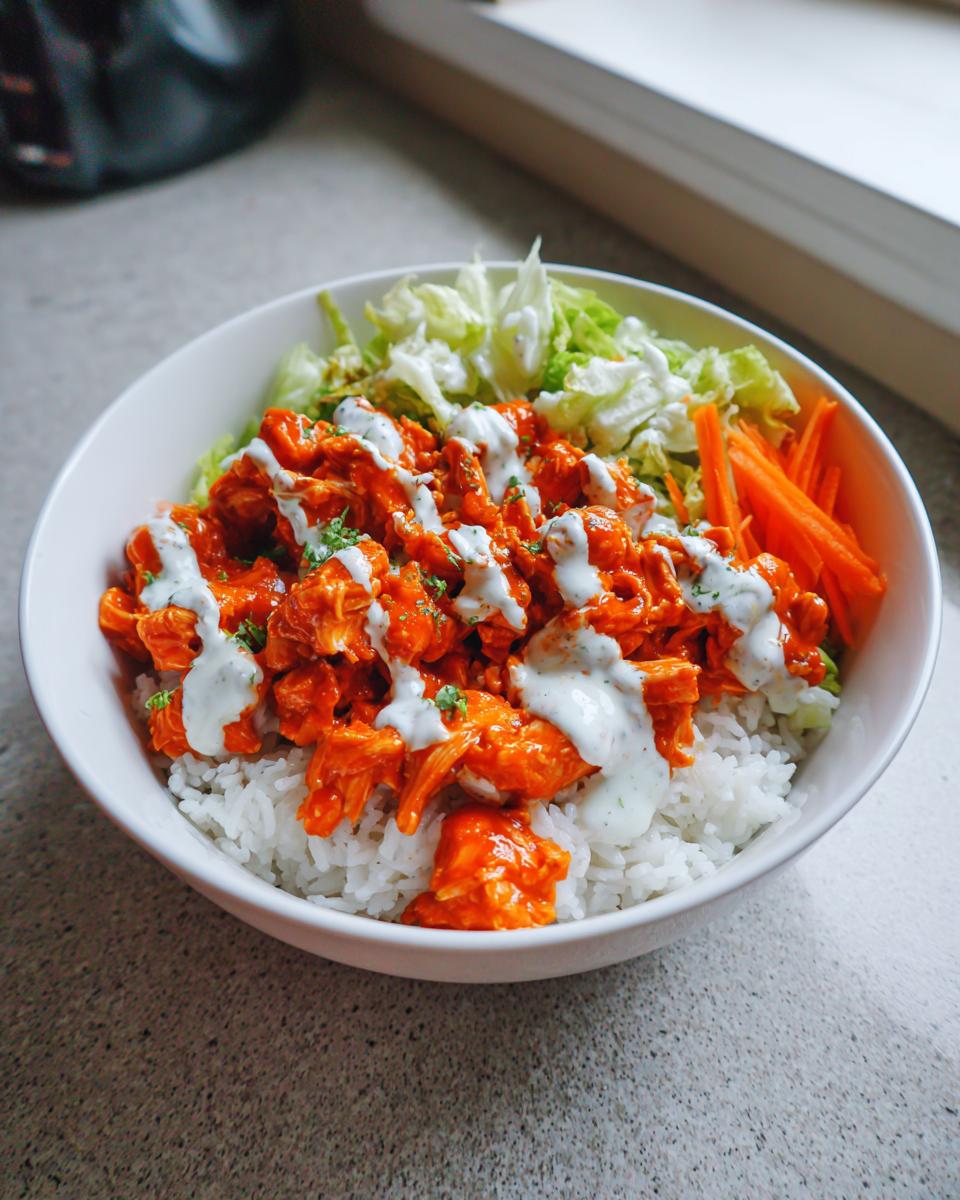 A white bowl filled with a quick buffalo chicken bowl featuring rice, orange buffalo chicken, shredded lettuce, carrots, and a ranch drizzle.