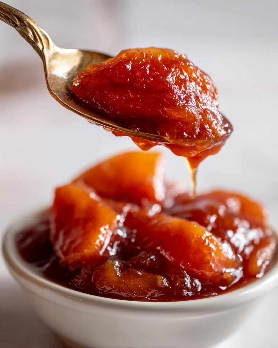 A spoonful of thick, glossy, caramelized apple pie filling dripping back into a white bowl.